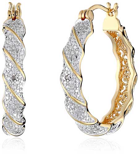 18K Yellow Gold-Plated Two-Tone Diamond Accent Twisted Hoop Earrings