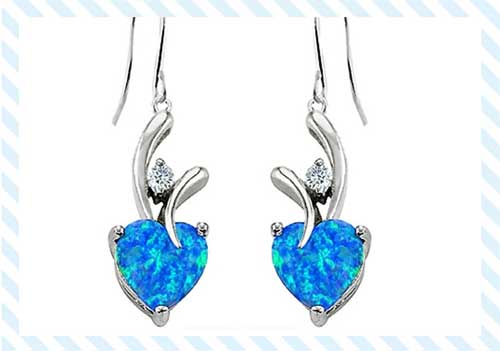 Blue Simulated Opal Hanging Hook Love Earrings