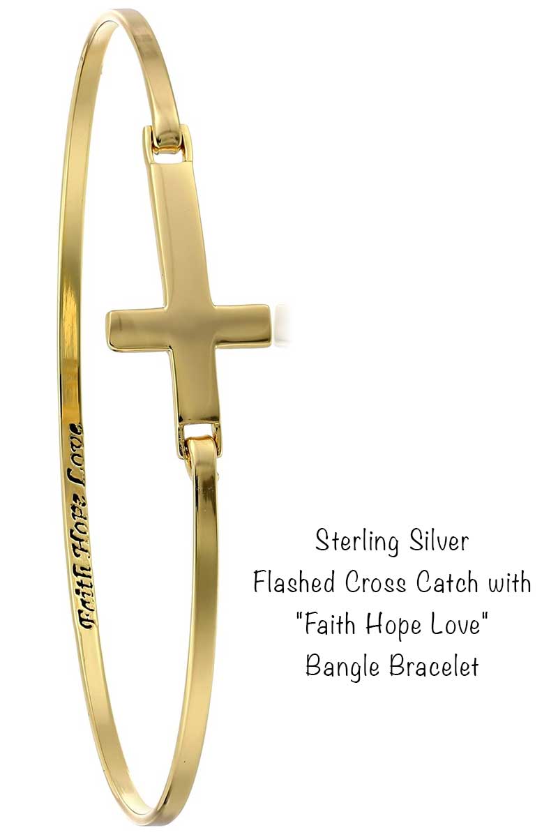 Sterling Silver Flashed Cross Catch with Faith Hope Love Bangle Bracelet