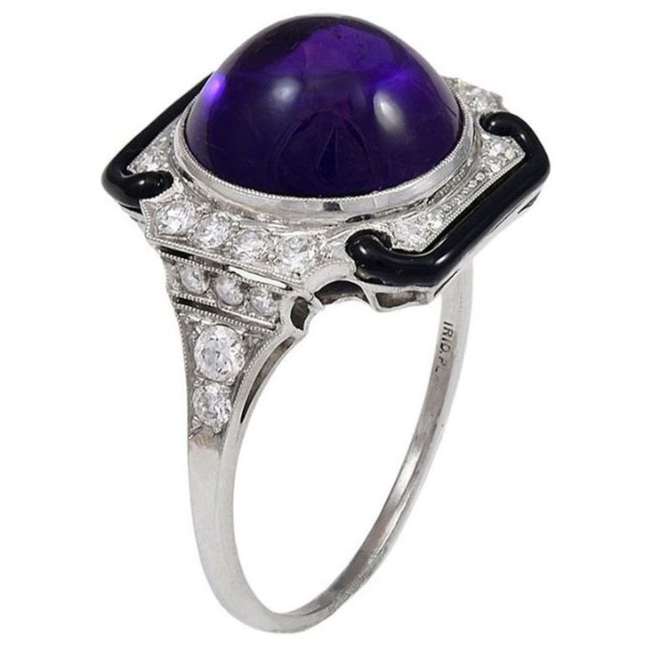 Art Deco Cabochon Amethyst Diamond Ring