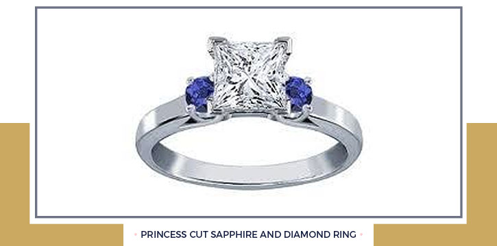 Princess Cut Sapphire and Diamond Ring Princess cut gemstones are increasingly popular. This 18k white gold ring has a prong-set center sapphire with a princess cut diamond on each side. The total diamond weight is 1/4 carat.