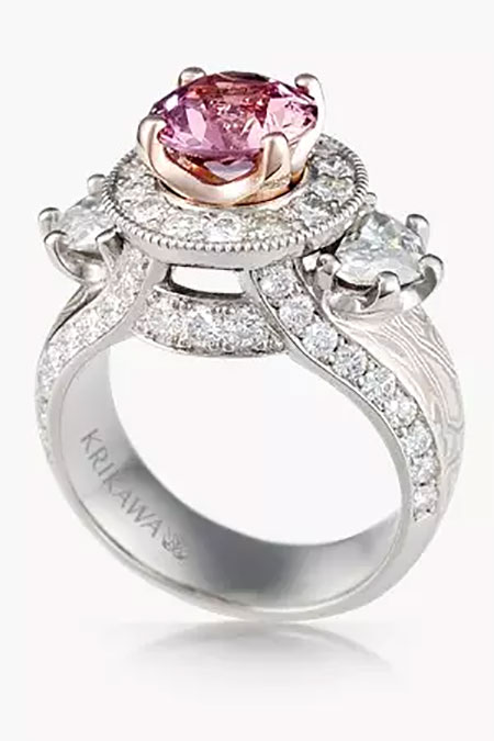 Luxury Three Stone Mokume Goddess Engagement Ring