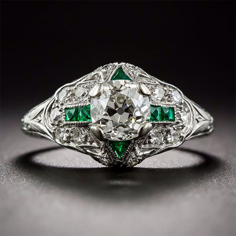 Calibre Cut Emerald and Diamond Engagement Ring